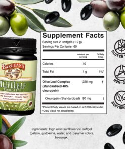 Barlean's Olive Leaf Complex Softgels Immune Support Supplement with 90 mg Oleuropein Antioxidants, Concentrated Heart Health & Immunity Booster Pills, 120 Count Natural Olive Leaf Softgel 120 Count (Pack of 1) 12 91mhg0KEKkL