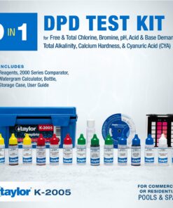 Taylor K-2005 Complete DPD High Range, 9-in-1 Pool & Spa Test Kit for Free & Total Chlorine, Bromine, pH, Acid & Base Demand, Total Alkalinity, Calcium Hardness, Cyanuric Acid | Made in The USA 15 91mwSwTgyqL