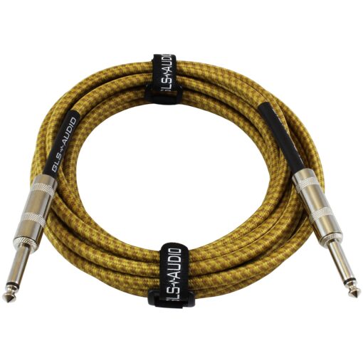 GLS Audio Instrument Cable - 1/4 Inch TS to 1/4 Inch Instrument Cable for Bass/Electric Guitar- Brown/Yellow Braided Tweed, 15ft 15 Ft. Straight Gold