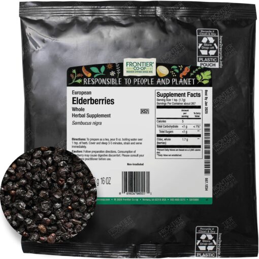 Frontier Co-op Dried Elderberries, European Whole | Kosher & Non-GMO | For Making Tea, Syrup, Gummies | 1 Pound Bulk Bag | Sambucus nigra L. 1 Pound (Pack of 1)