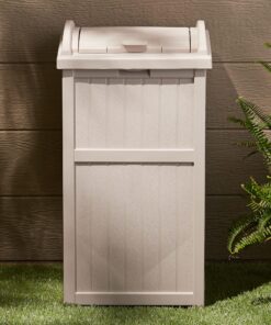 Suncast 33 Gallon Hideaway Trash Can for Patio - Resin Outdoor Trash with Lid - Use in Backyard, Deck, or Patio - Taupe 1 Pack 25 91oAzCQLUFL