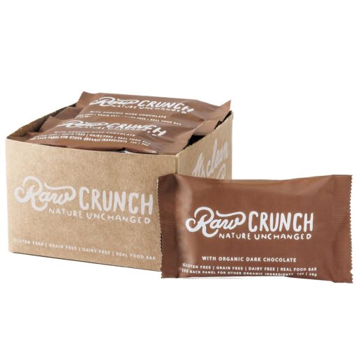 Raw Crunch Bar (Box of 12) - Organic Dark Chocolate - Gluten Free, Grain Free, Dairy Free, Low Carb, Low Sugar, Paleo, Plant Based Protein,150 Calorie Real Food Bar