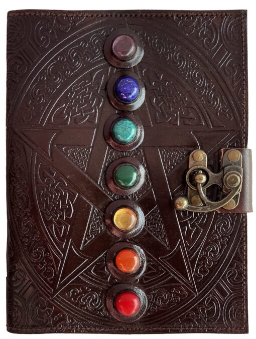 Leather Chakra Journal: Unlock Your Inner Magic with 7 Stones Celtic Notebook | Leather Bound Journal, Book of Shadows & Wiccan Gift | Diary with Lock for Witches, Goth Lovers, and D&D Enthusiasts Blank Paper