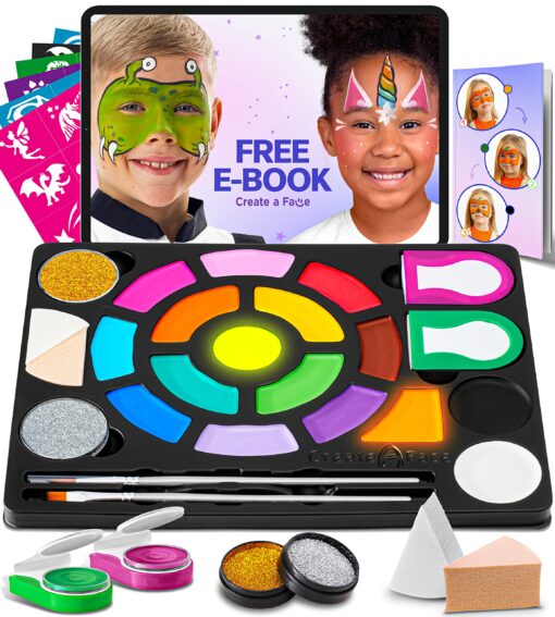 Face Painting Kits for Kids - Water Based Face Paint Kits 16 Colors, 60 Stencils, 2 Brushes, 2 Glitter, Sponges & Hairchalks - Facepaint Tutorials & Book - Hypoallergenic. For Toddler, Teens & Adults