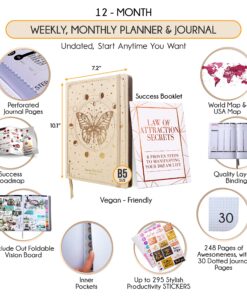 Law of Attraction Planner - Undated Deluxe Weekly, Monthly Planner, a 12 Month Journey to Increase Productivity & Happiness - Life Organizer, Gratitude Journal, and Stickers B5 Size Vanilla Butterfly Moon 30 91pylc0aHL 1