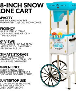 Alternative view of Nostalgia Snow Cone Shaved Ice Machine - Retro Cart Slushie Machine Makes 48 Icy Treats - Includes Metal Scoop, Storage Compartment, Wheels for Easy Mobility - White, Blue White/Aqua