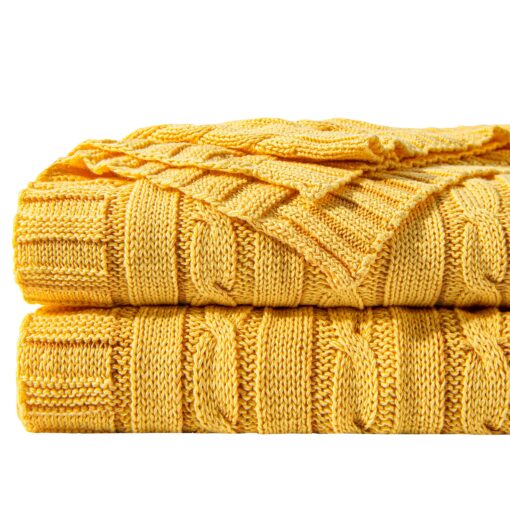 NTBAY 100% Pure Cotton Cable Knit Throw Blanket, Super Soft Warm 51x67 Knitted Throw Blanket for Couch, Sofa, Chair, Bed - Extra Cozy, Machine Washable, Comfortable Home Decor, Yellow Throw(51"x67")