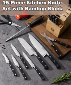 Cook N Home Kitchen Knife Set with Bamboo Storage Block 15-Piece, High Carbon Stainless Steel Blade, Black 15-PC Knife Set 18 91sLQ4uEigL