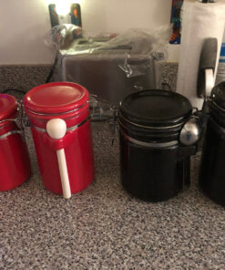 Canister Sets For The Kitchen (4 Piece Set) Red, High Gloss Ceramic | By Home Basics | Decorative | With Wooden Spoons, Countertop Set For Flour, Sugar, Coffee, and Snacks 34 91sNgEgE69L