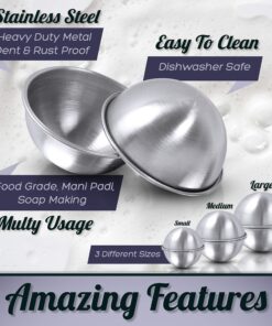Stainless Steel Bath Bomb Molding Set-3 Metal Round Bath Bomb Molds (6 Half Spheres)- DIY Professional Molds for Fizzy Bombs: Instructional Pamphlet, E-Book & Mesh Storage Bag- Starter Kit 3 SIZES 25 91swn4d nAL 2