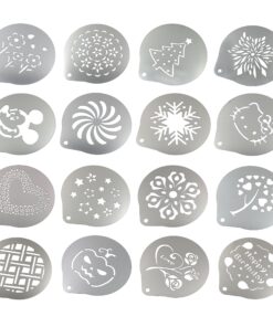 Lofekea Stainless Steel Powder Shakers Coffee Cocoa Cinnamon Shaker Cans Mesh Duster with 16PCS Stainless Steel Barista Coffee Decorating Stencils Template for Latte Cappuccino, Cupcake Stencils Stencil and Shaker 25 91u6XkE1KXL