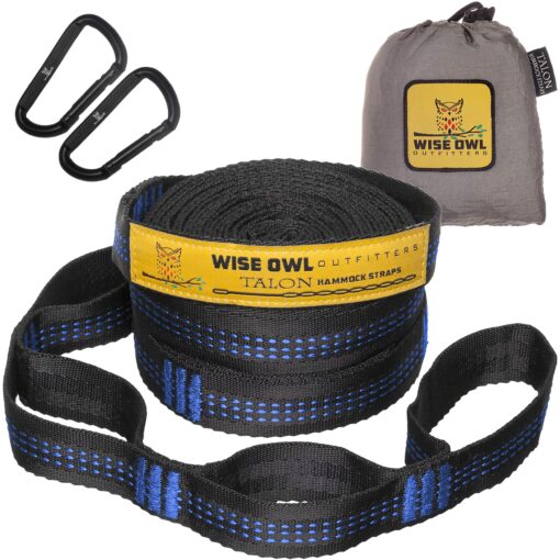 Wise Owl Outfitters Hammock Straps for Trees Heavy Duty - Set of Two 10ft Long, 1 Inch Thick Camping Hammock Tree Straps w/ 38 Loops & 2D Carabiners - Essential Hammock Accessories Blue