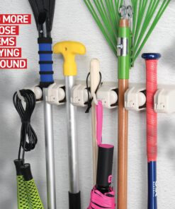 HOME IT Mop And Broom Holder - Garage Storage Systems with 5 Slots, 6 Hooks, 7.5lbs Capacity Per Slot - Garden Tool Organizer For 11 Tools - For Home, Kitchen, Closet, Laundry Room - Off-White 32 91wJYqaWl1L