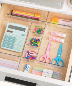 Vtopmart 25 PCS Clear Plastic Drawer Organizers Set, 4-Size Versatile Bathroom and Vanity Drawer Organizer Trays, Storage Bins for Makeup, Bedroom, Kitchen Gadgets Utensils and Office 35 91wu5XUgFyL