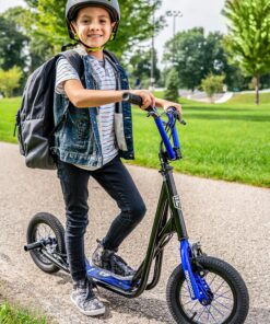 Mongoose Expo Youth Kick Scooter, Suggested for Riders with Ages 6 to 9 Years Old, Max. Weight of 175 lbs., Front and Rear Caliper Brakes, Rear Axle Pegs, 12-Inch Inflatable Wheels Black/Blue 27 91xGtvxBsuL