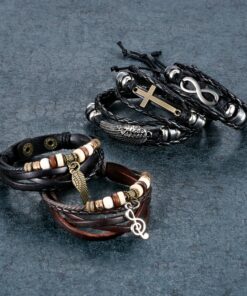 Alternative view of Aroncent 2-5PCS Leather Bracelet for Men Feather Infinity Cross Wing Multi-Layer Bead Mens Leather Bracelet Wristband Halloween Valentine's Day Gifts D-5PCS