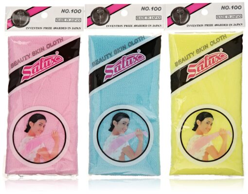 Salux Nylon Japanese Beauty Skin Bath Wash Cloth/towel (3) Blue Yellow and Pink Pink,blue,yellow