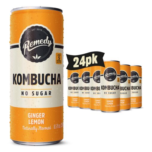 Remedy Kombucha Tea Organic Drink - Sugar Free, Keto, Vegan, Non-GMO, Gluten Free & Low Calorie - Sparkling Live Beverage w/ Gut Health & Probiotic Like Benefits - Ginger Lemon - 8.5 Fl Oz Can, 24-Pack 8.5 Fl Oz (Pack of 24)