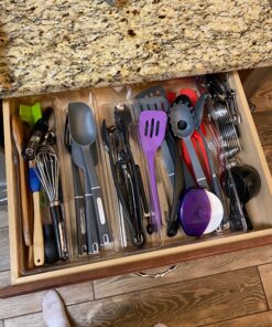mDesign Plastic Adjustable/Expandable Divided Drawer Storage Organizer with 4 Compartments for Kitchen Pantry, Cupboard, Cabinet, Hold Silverware, Utensils, Cutlery - Ligne Collection - Clear 4 Compartment Expandable Pack of 1 29 A14Lge07lgL