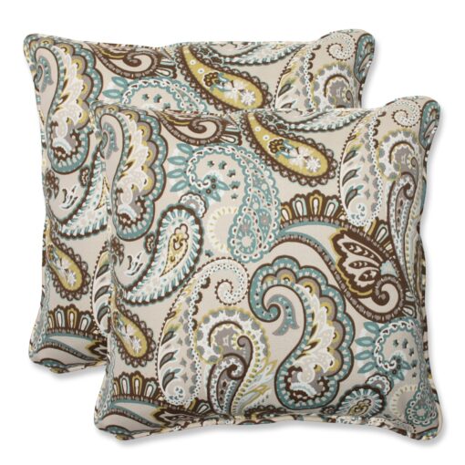 Pillow Perfect Paisley Indoor/Outdoor Accent Throw Pillow, Plush Fill, Weather, and Fade Resistant, Large Throw - 18.5" x 18.5", Blue/Brown Tamara Quartz, 2 Count 18.5" x 18.5"