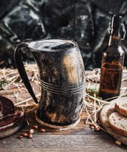 Norse Tradesman XL Viking Drinking Horn Mug - 100% Authentic Beer Horn Tankard With Hardwood Bottom & Ring Engravings | The Eternal, Low Polish, approx. 30 oz 24 A1nA5b61M8L