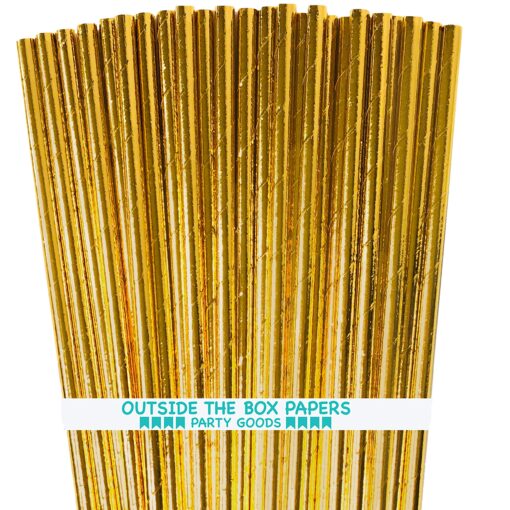 Gold Foil Paper Straws - Christmas Holiday Wedding Anniversary Party Supply - 7.75 Inches - Pack of 100 - Outside the Box Papers Brand