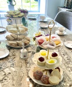 BonNoces 3-Tier Porcelain Embossed Cupcake Stand - Pure White Rimmed with Gold Dessert Cake Stand - Pastry Serving Tray Platter for Tea Party, Wedding and Birthday 44 A1xGl2QNeWL