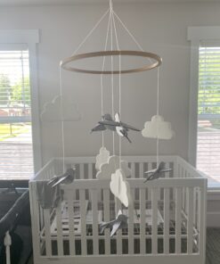 Sorrel + Fern Baby Crib Mobile (Birds and Clouds) - Felt Nursery Ceiling Decoration and Baby Shower for Girls & Boys - Grey & White Birds & Clouds 32 B126 Tz3E S