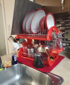 2 Tier Dish Drainer, By Home Basics (Red) Dish Rack For Kitchen Counter, With Cutlery Holder and Cup Slots Red 30 B13kdEfU0eS