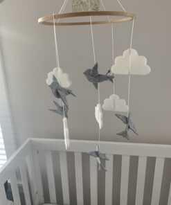 Sorrel + Fern Baby Crib Mobile (Birds and Clouds) - Felt Nursery Ceiling Decoration and Baby Shower for Girls & Boys - Grey & White Birds & Clouds 33 B13tpzS3YS