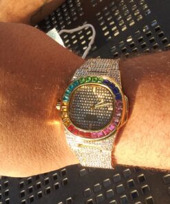 FANMIS Luxury Bling-ed Out Colorful Full Diamond Watches Fashion Quartz Analog Stainless Steel Band Bracelet Wrist Watch Gold 26 B1BzaQE719S