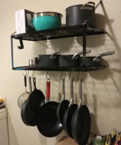 Vdomus Hanging Pot Rack - Rustproof Wall Mounted Pot Rack Pan Hanger for Kitchen Storage & Organization - Durable, Thick Iron Material - Easy Setup 2-Tier Pot Shelf Wall Mount Pot Holder - Black 35 B1HXZPBRkS