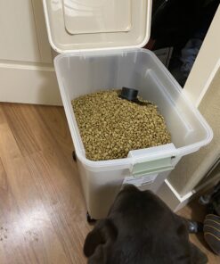 IRIS USA 55 Lbs / 67 Qt WeatherPro Airtight Pet Food Storage Container with Attachable Casters, For Dog Cat Bird and Other Pet Food Storage Bin, Keep Pests Out, Translucent Body, Almond/Clear Clear/Almond 54 B1N zKkXN7S 1