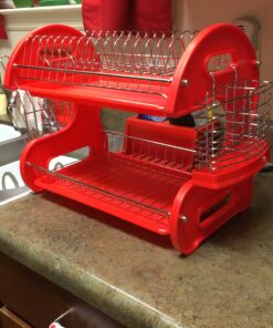 2 Tier Dish Drainer, By Home Basics (Red) Dish Rack For Kitchen Counter, With Cutlery Holder and Cup Slots Red 36 B1NsuoP2TtS