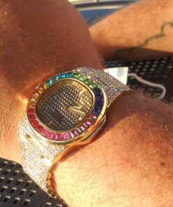 FANMIS Luxury Bling-ed Out Colorful Full Diamond Watches Fashion Quartz Analog Stainless Steel Band Bracelet Wrist Watch Gold 28 B1SH4MyOMvS