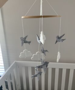 Sorrel + Fern Baby Crib Mobile (Birds and Clouds) - Felt Nursery Ceiling Decoration and Baby Shower for Girls & Boys - Grey & White Birds & Clouds 34 B1bkWvfBo7S