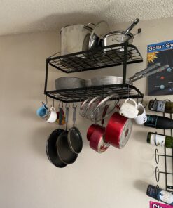Vdomus Hanging Pot Rack - Rustproof Wall Mounted Pot Rack Pan Hanger for Kitchen Storage & Organization - Durable, Thick Iron Material - Easy Setup 2-Tier Pot Shelf Wall Mount Pot Holder - Black 32 B1x0iRGXT4S 2