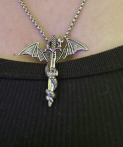 Xusamss Punk Titanium Steel Dragon Sword Wing Pendant Necklaces White 17 B1xi3gCroKS