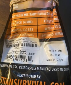 620 LB SurvivorCord Hank, Paracord 550 Type III, Military Grade, Heavy Duty Paracord with 3 Survival Strands, Cordage for Camping, with Survival Firestarter. Black (100 Ft) 100 Feet 42 B1z56L5SOAS