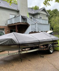 Classic Accessories StormPro Dark Grey Heavy-Duty Boat Cover, Fits boats 16 Foot - 18.5 Foot L x 98 in W, Marine Grade Fabric, Water-Resistant, Fits V-Hull Runabouts OutBoards and I/O 16'-18.5'L x 98"W (beam) Charcoal 37 C18EDOUXNS