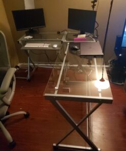 Techni Mobili L Shaped Desk with Keyboard Tray - Efficient Work from Home Desk - Glass L Shaped Desk - Professional Work Desk For Home Office - Versatile Glass Corner Desks for Home Office 32 C1CCIn3geqS