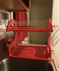 2 Tier Dish Drainer, By Home Basics (Red) Dish Rack For Kitchen Counter, With Cutlery Holder and Cup Slots Red 38 C1ol7792EFS